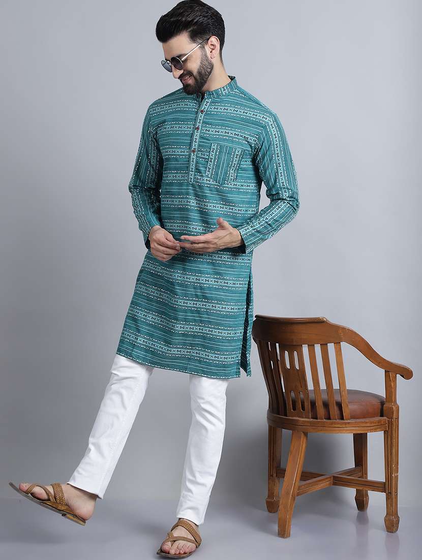 men self design mandarin neck long kurta