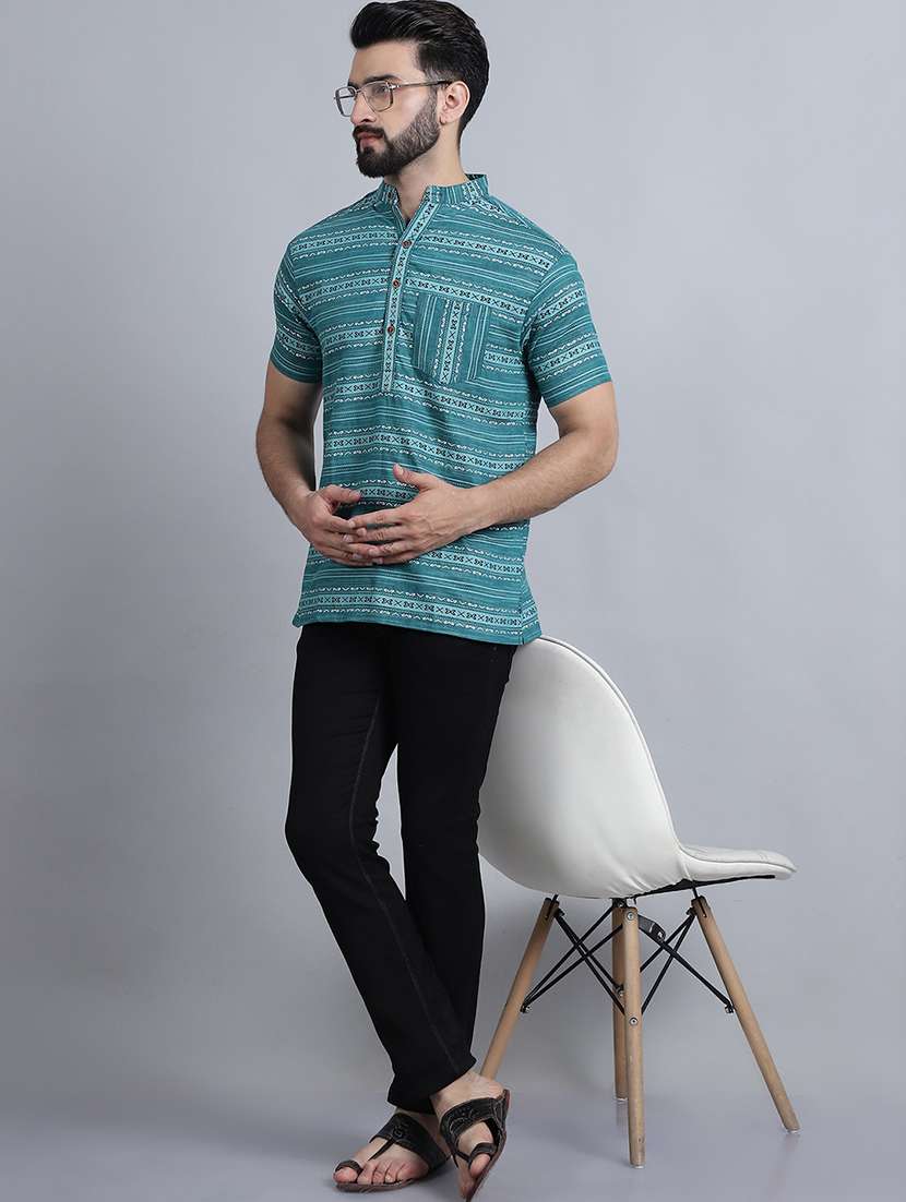 men self design mandarin neck short kurta - 22182679 -  Standard Image - 3
