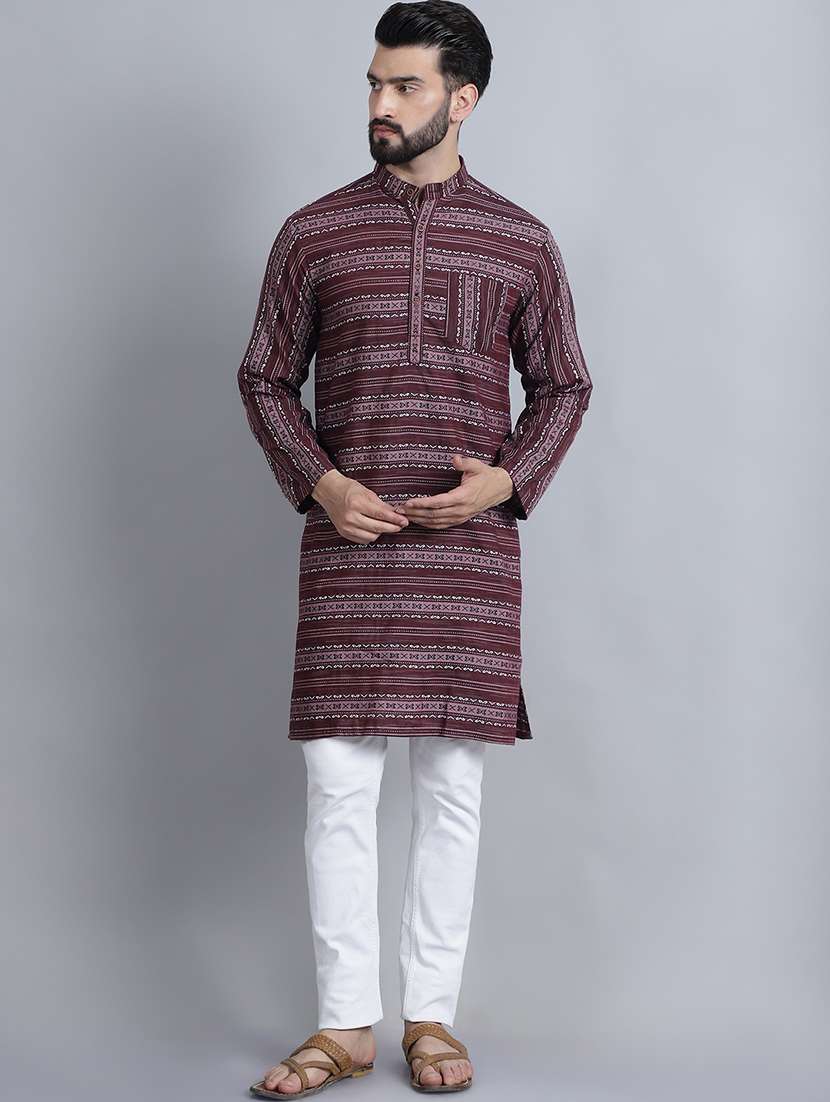men self design mandarin neck long kurta