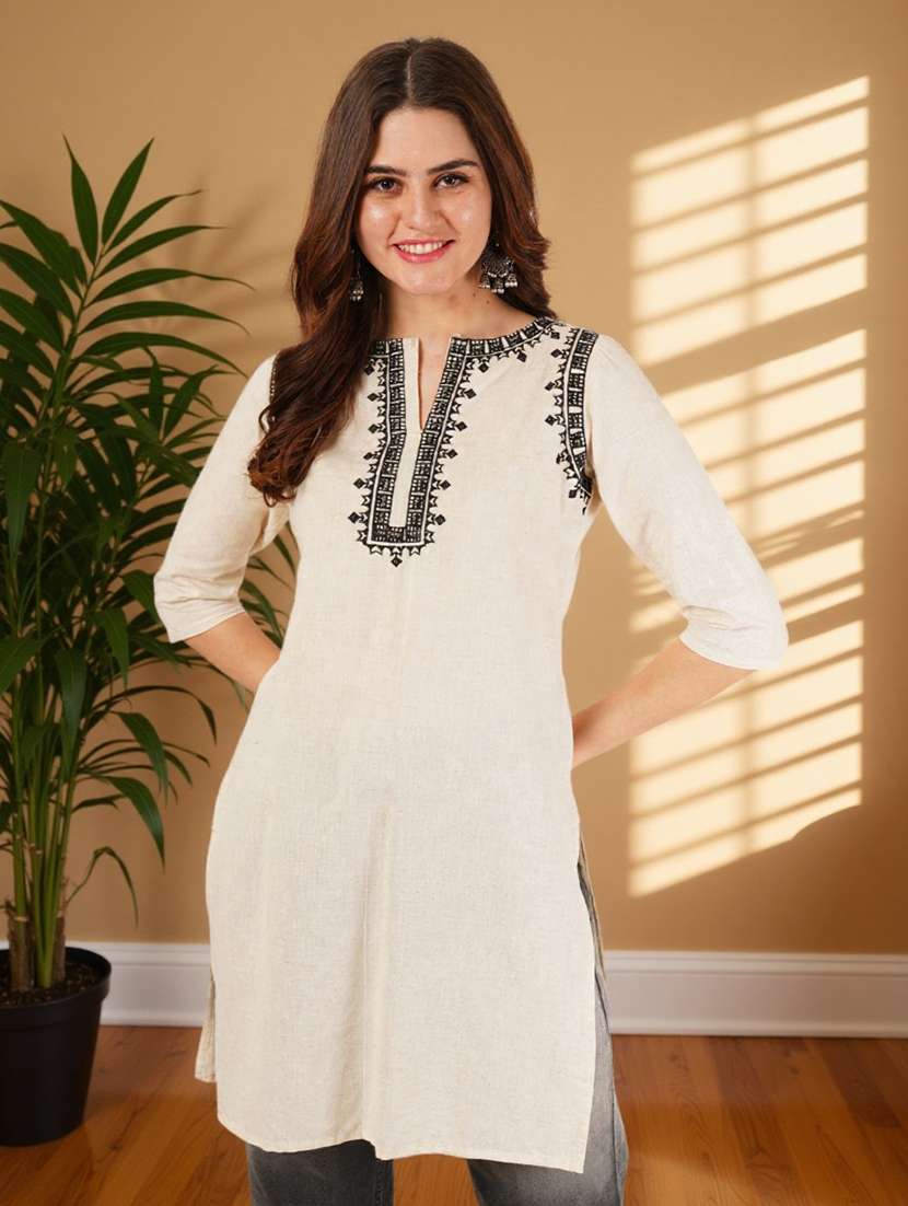 women solid with work three quarter sleeve straight kurti