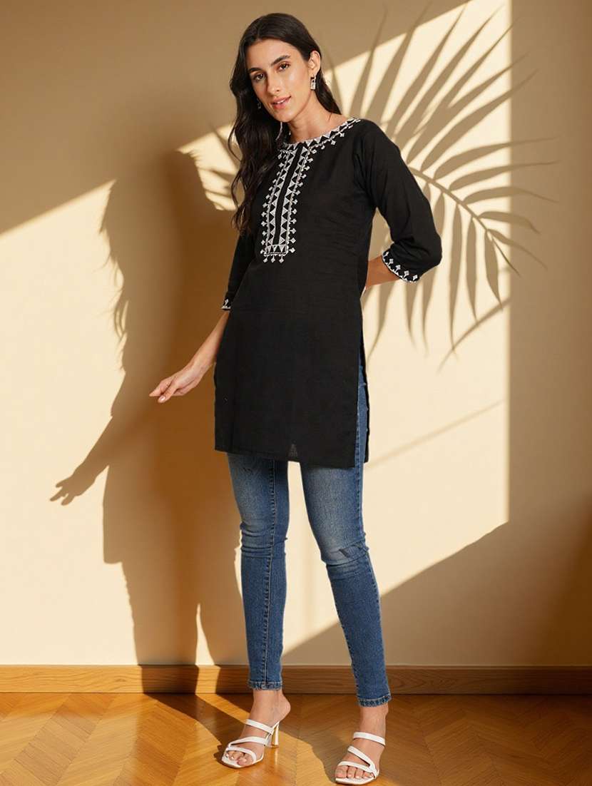 women solid with work three quarter sleeve straight kurti - 22182754 -  Standard Image - 3