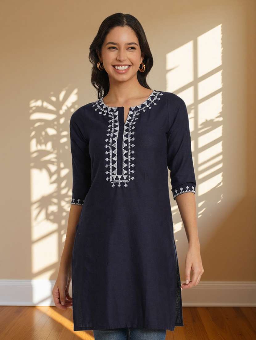 women solid with work three quarter sleeve straight kurti