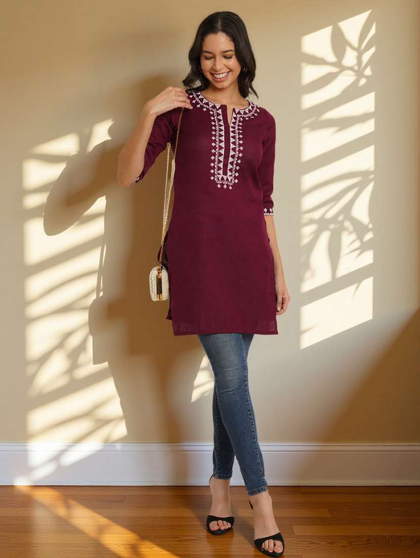 women solid with work three quarter sleeve straight kurti - 22182756 -  Standard Image - 3