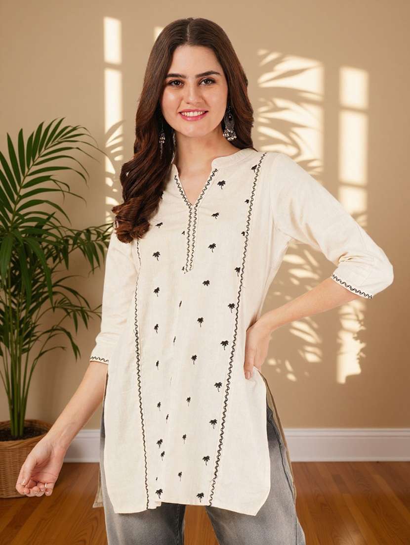 women solid with work three quarter sleeve straight kurti