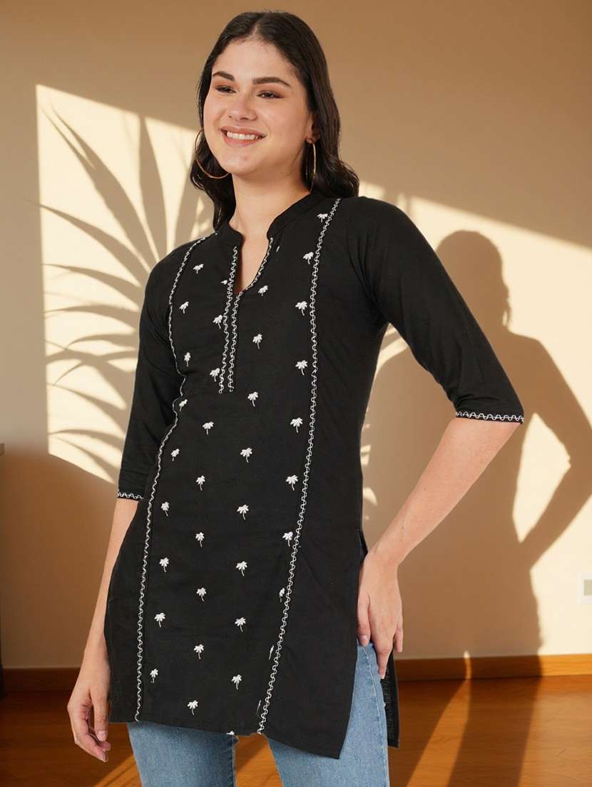 women solid with work three quarter sleeve straight kurti