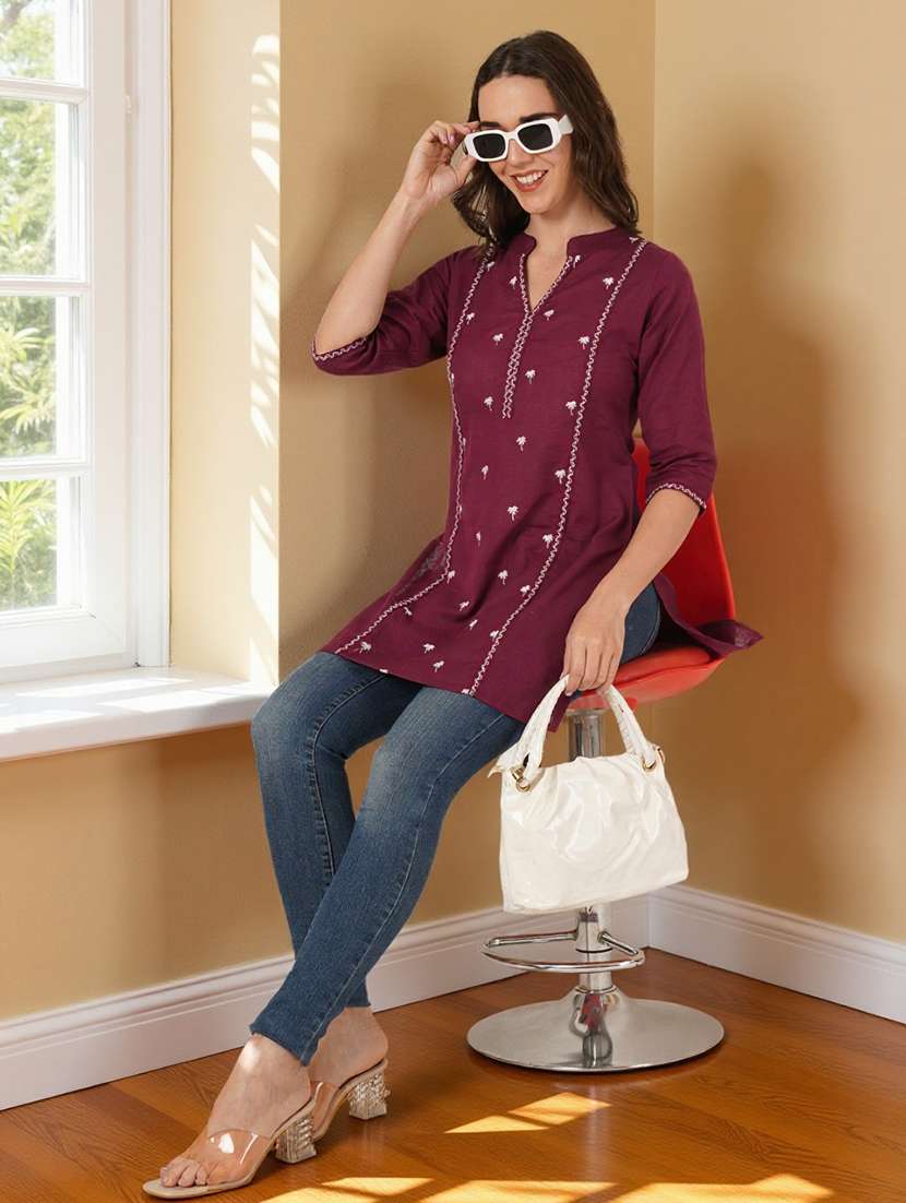 women solid with work three quarter sleeve straight kurti - 22182760 -  Standard Image - 5