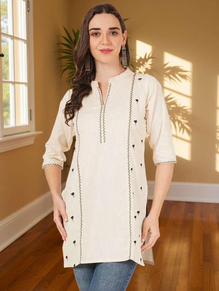 women solid with work three quarter sleeve straight kurti