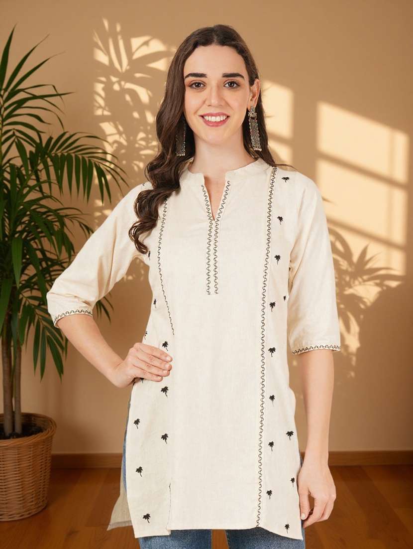 women solid with work three quarter sleeve straight kurti - 22182761 -  Standard Image - 3
