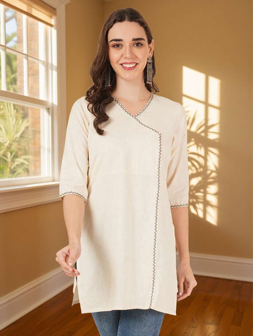 women solid three quarter sleeve angrakha kurti