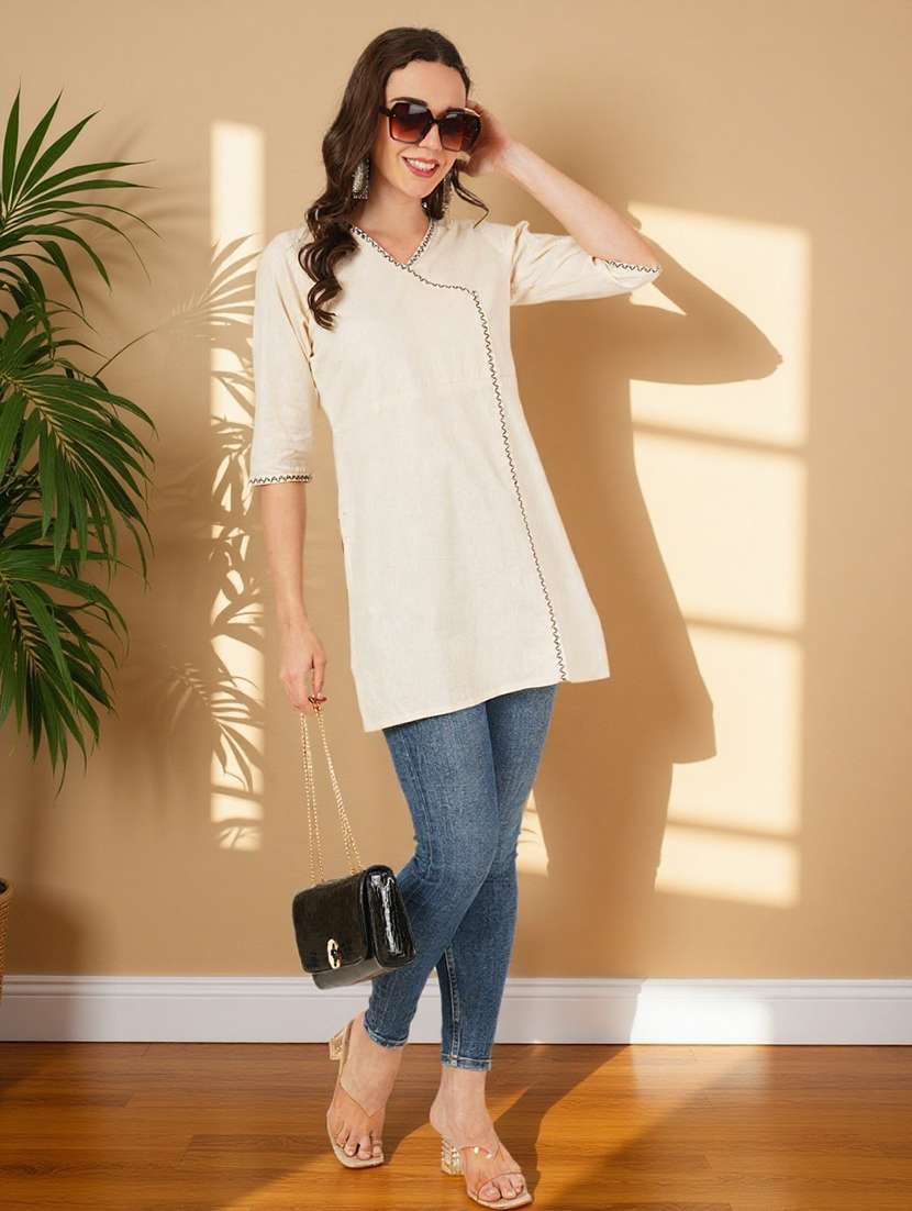 women solid three quarter sleeve angrakha kurti - 22182762 -  Standard Image - 5