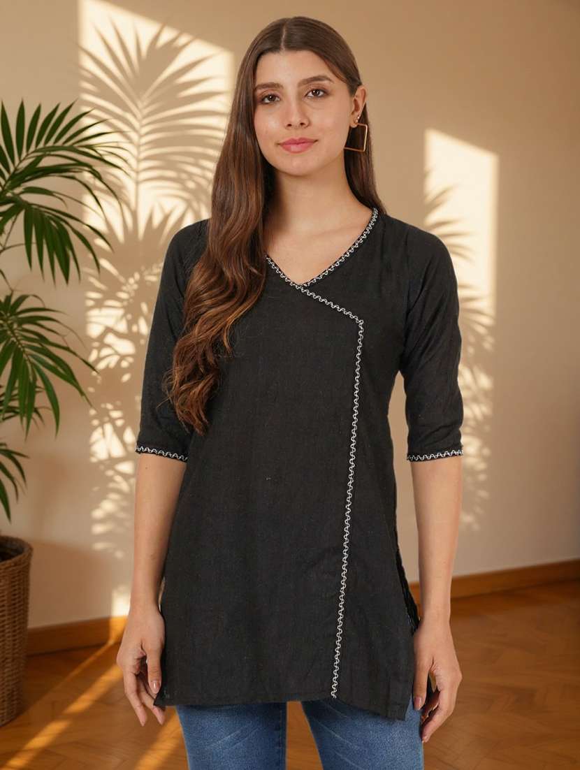 women solid three quarter sleeve angrakha kurti