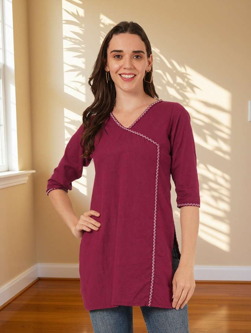 women solid three quarter sleeve angrakha kurti