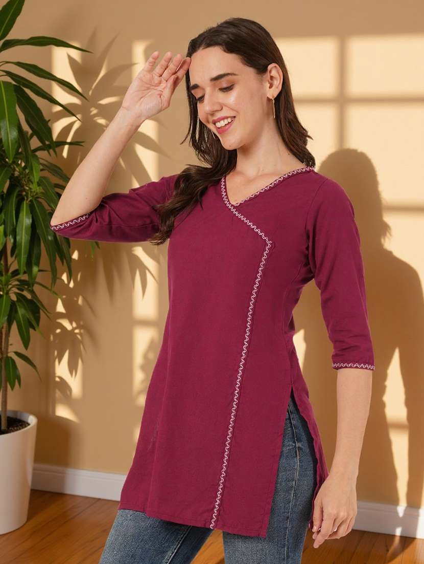 women solid three quarter sleeve angrakha kurti - 22182764 -  Standard Image - 3
