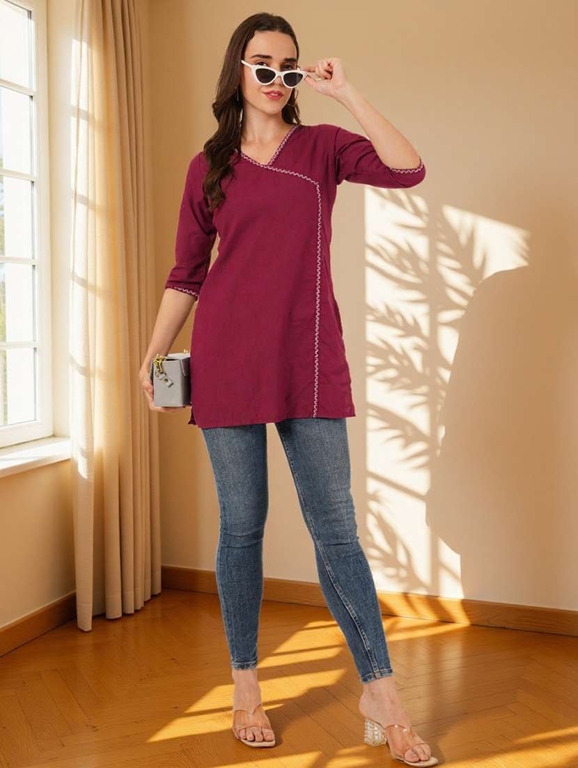 women solid three quarter sleeve angrakha kurti - 22182764 -  Standard Image - 5