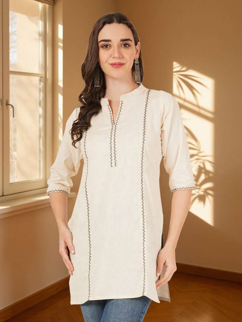 women solid with work three quarter sleeve straight kurti