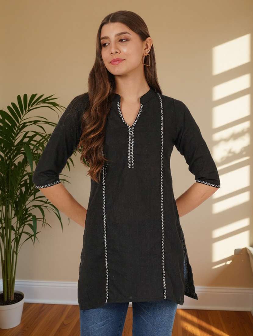 women solid with work three quarter sleeve straight kurti