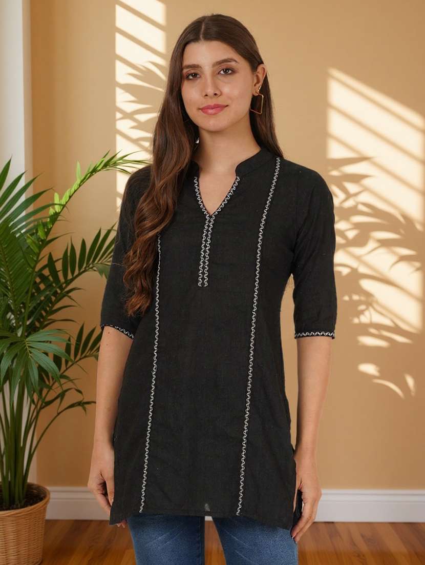 women solid with work three quarter sleeve straight kurti - 22182766 -  Standard Image - 3
