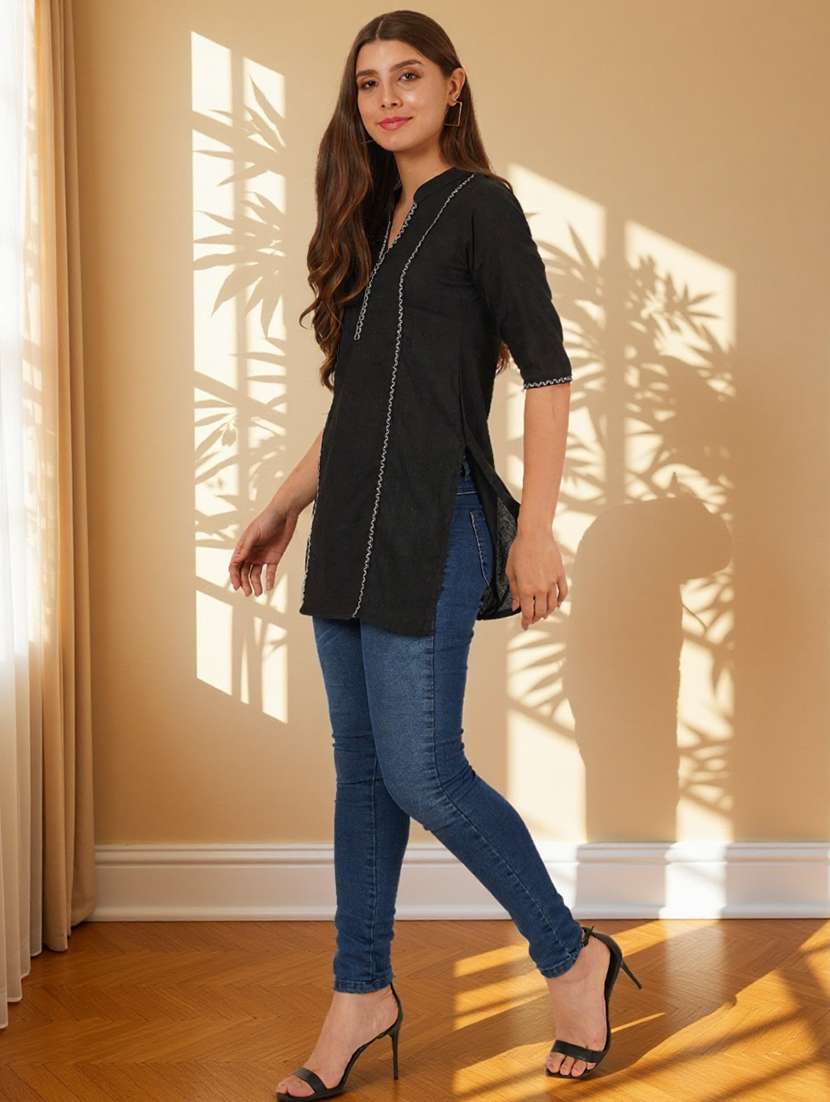 women solid with work three quarter sleeve straight kurti - 22182766 -  Standard Image - 8