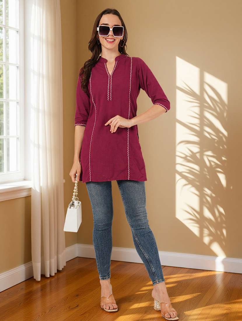 women solid with work three quarter sleeve straight kurti - 22182767 -  Standard Image - 5