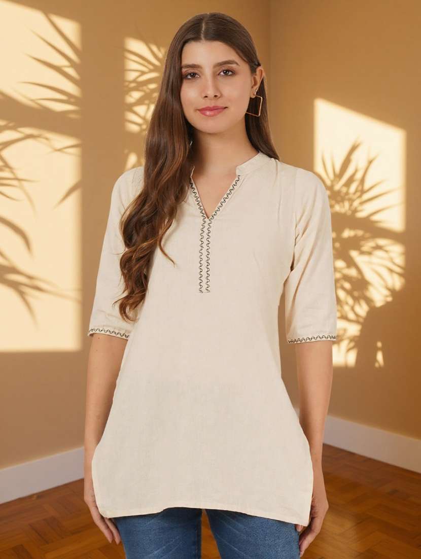 women solid with work three quarter sleeve straight kurti