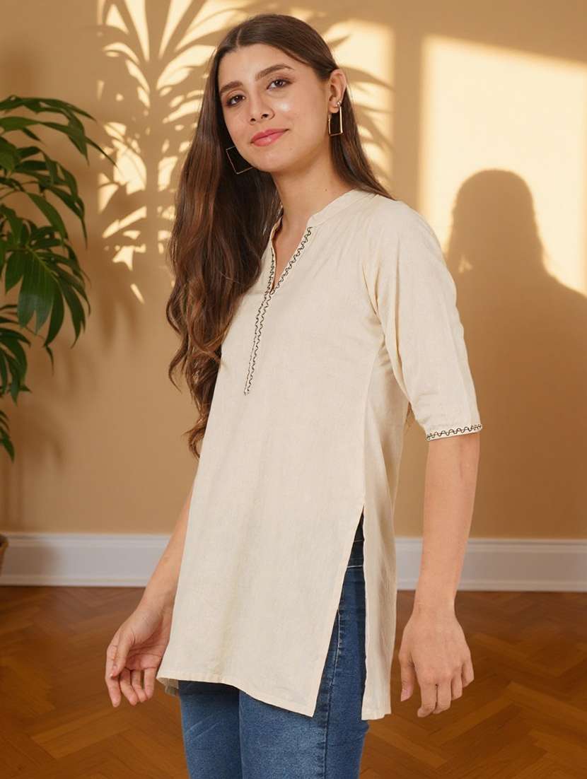 women solid with work three quarter sleeve straight kurti - 22182768 -  Standard Image - 3