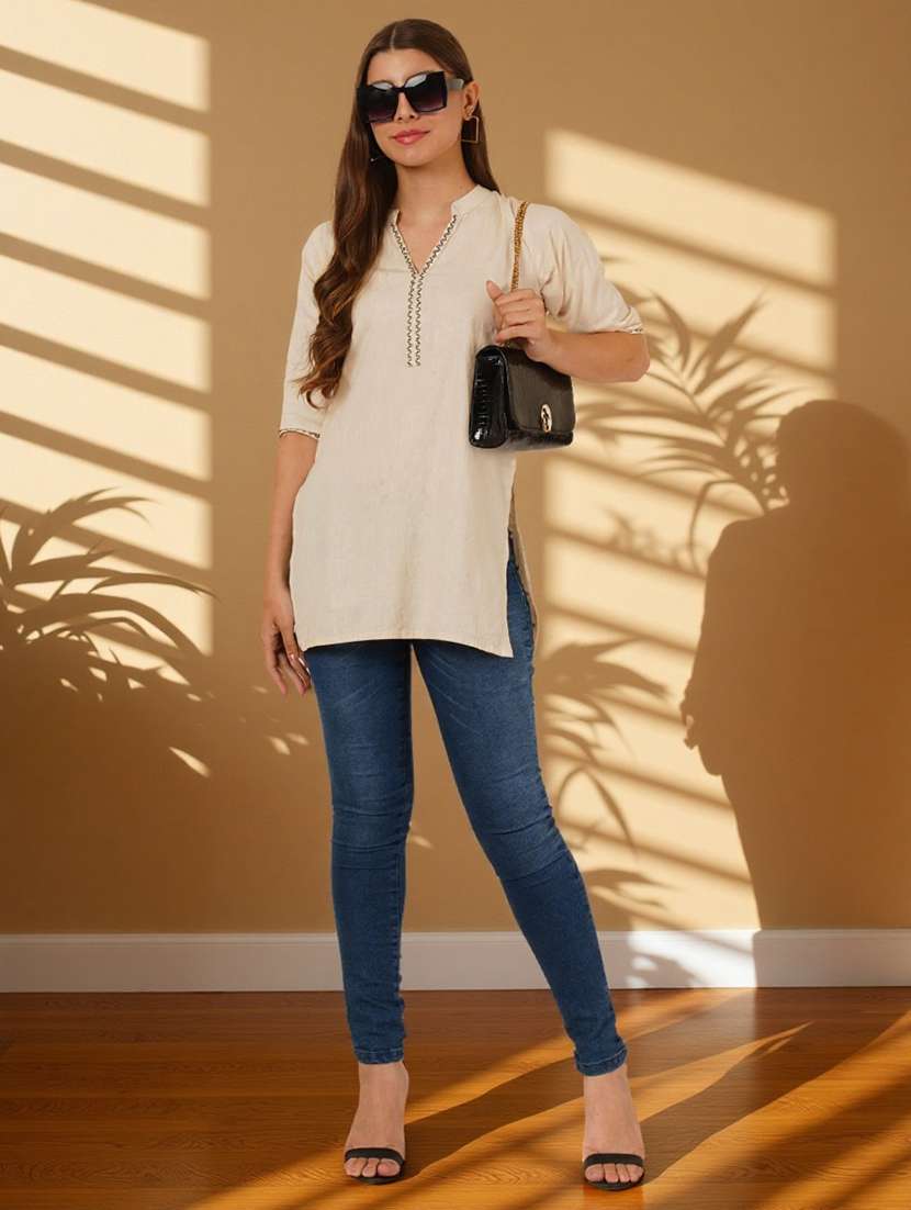 women solid with work three quarter sleeve straight kurti - 22182768 -  Standard Image - 5