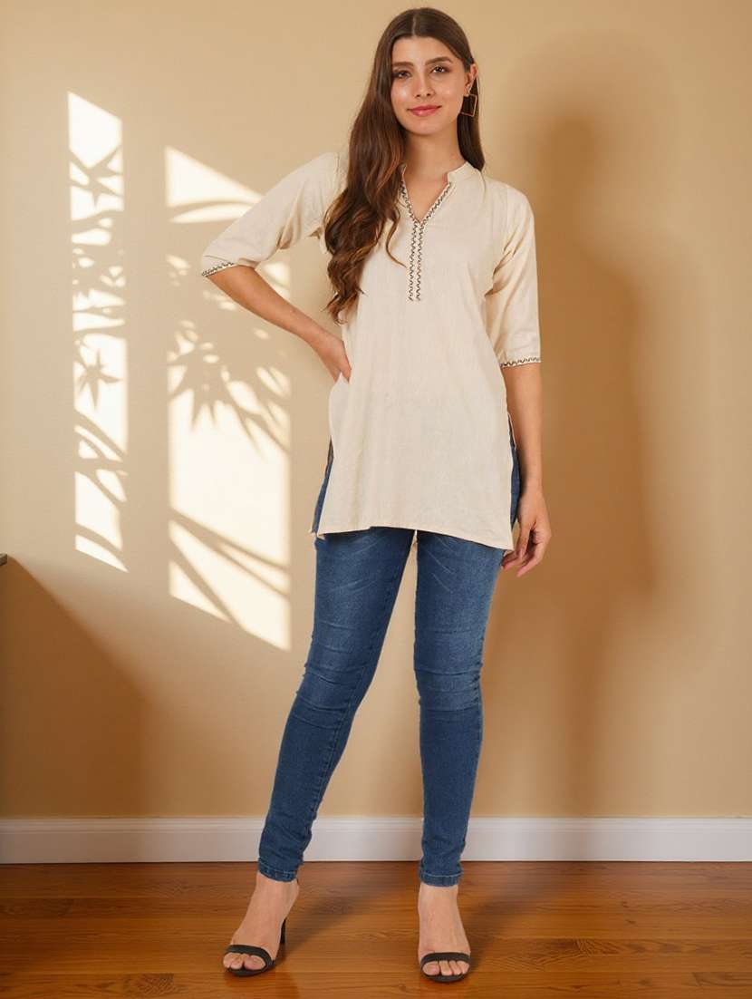 women solid with work three quarter sleeve straight kurti - 22182768 -  Standard Image - 8