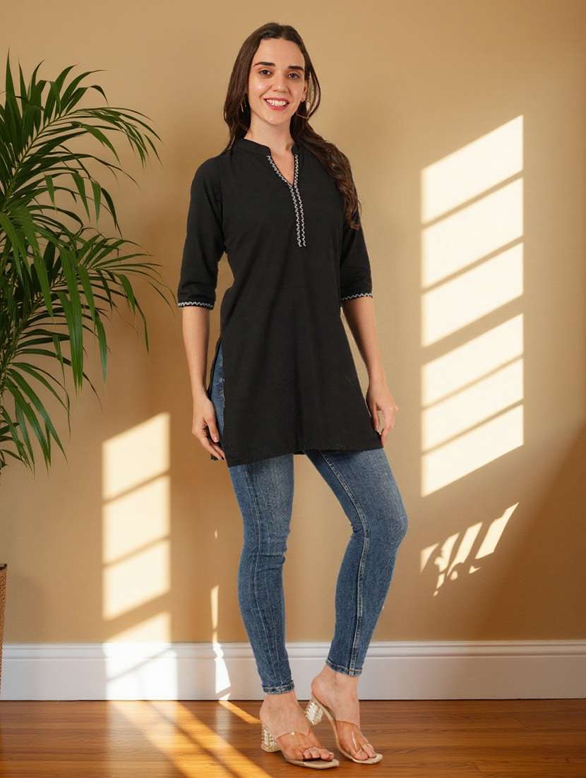 women solid three quarter sleeve straight kurti - 22182769 -  Standard Image - 5