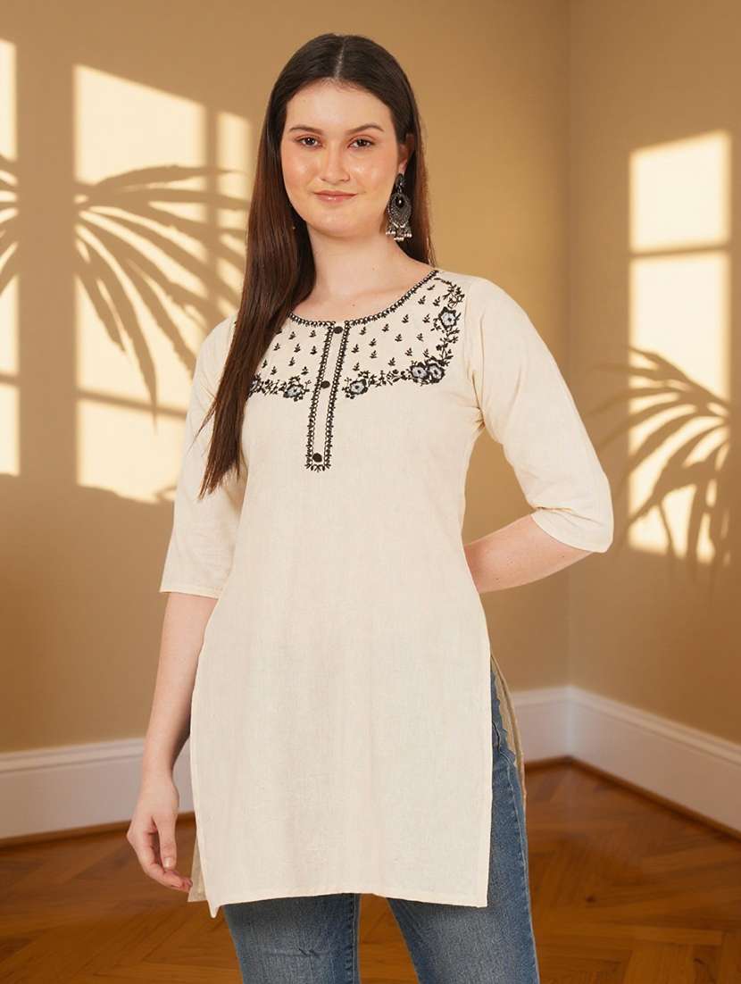 women solid with work three quarter sleeve straight kurti