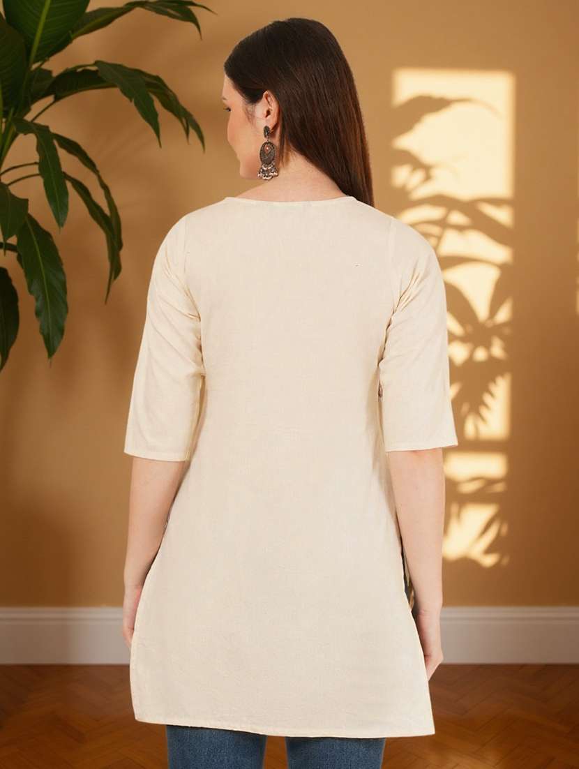 women solid with work three quarter sleeve straight kurti - 22182771 -  Standard Image - 3