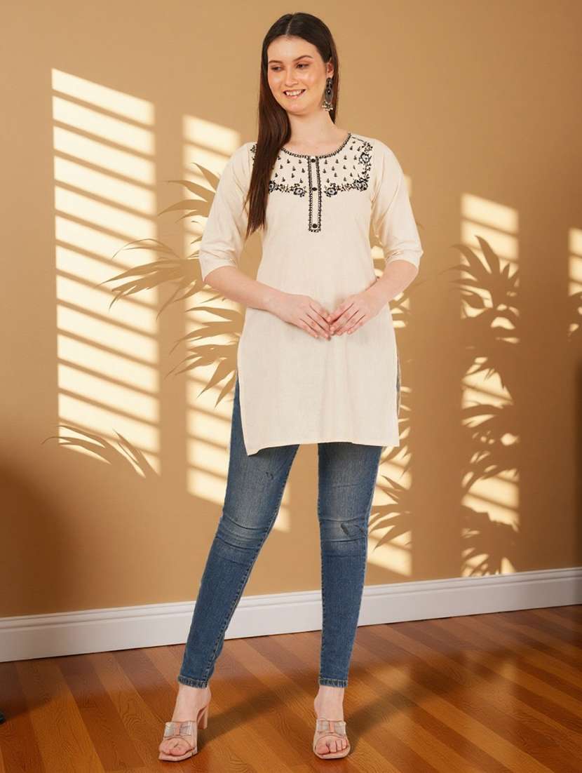 women solid with work three quarter sleeve straight kurti - 22182771 -  Standard Image - 5