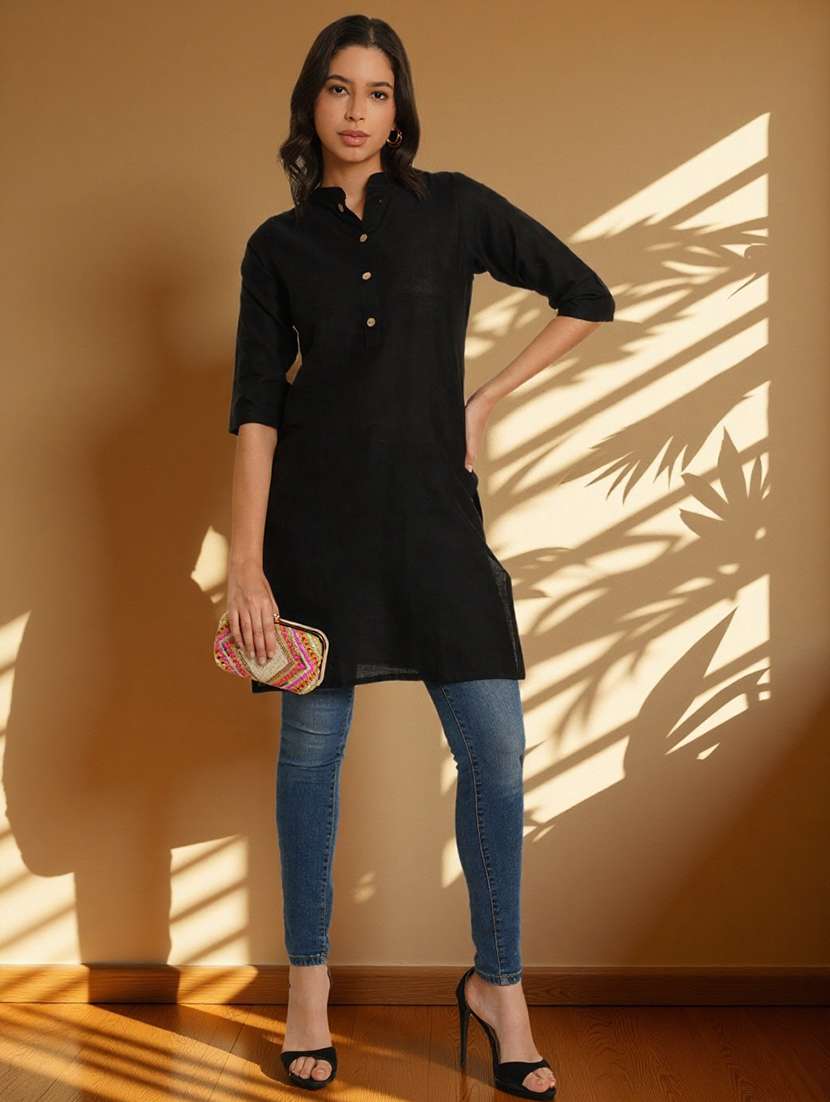 women solid three quarter sleeve straight kurti - 22182773 -  Standard Image - 3