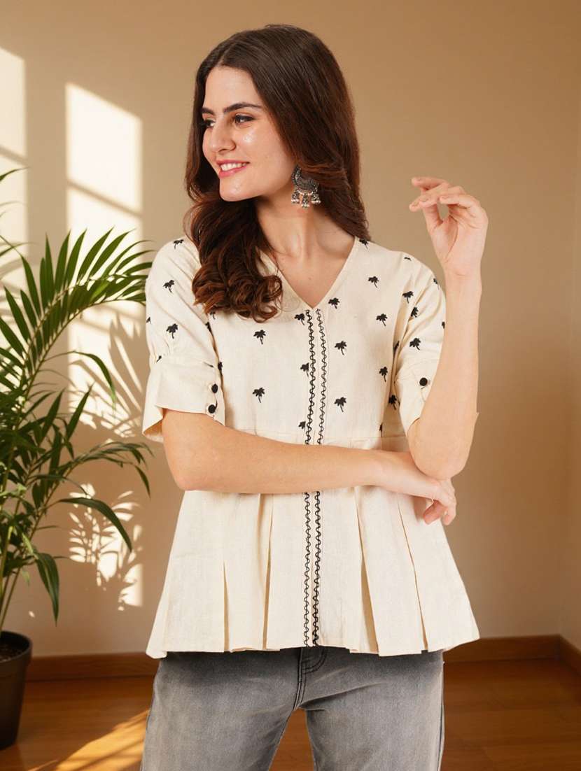 women solid with work puff sleeve a-line top