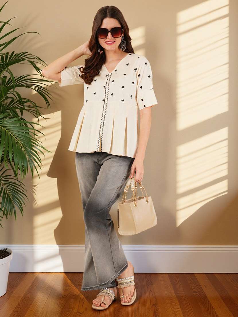 women solid with work puff sleeve a-line top - 22182775 -  Standard Image - 5