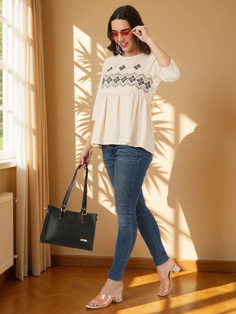 women solid with work three quarter sleeve flared ethnic top - 22182779 -  Standard Image - 5