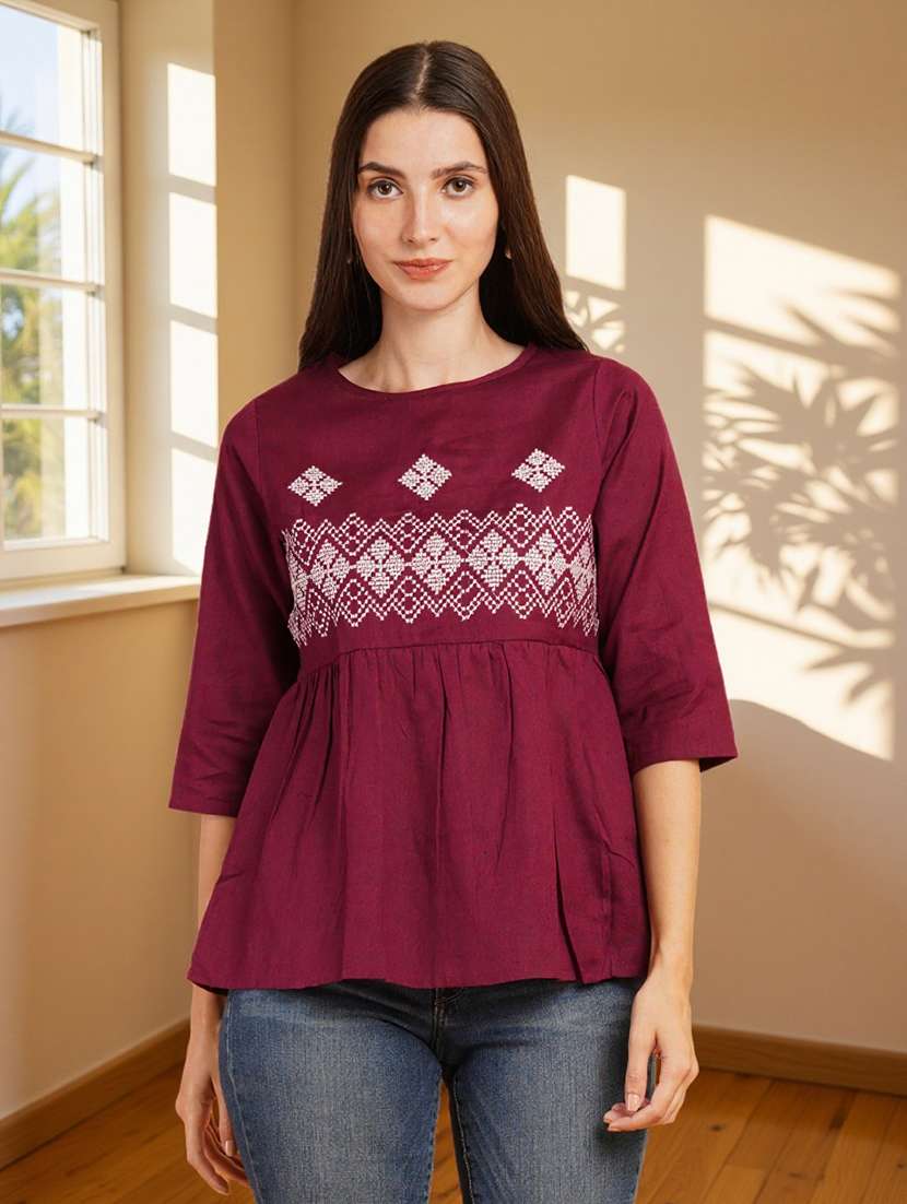 women solid with work three quarter sleeve flared ethnic top