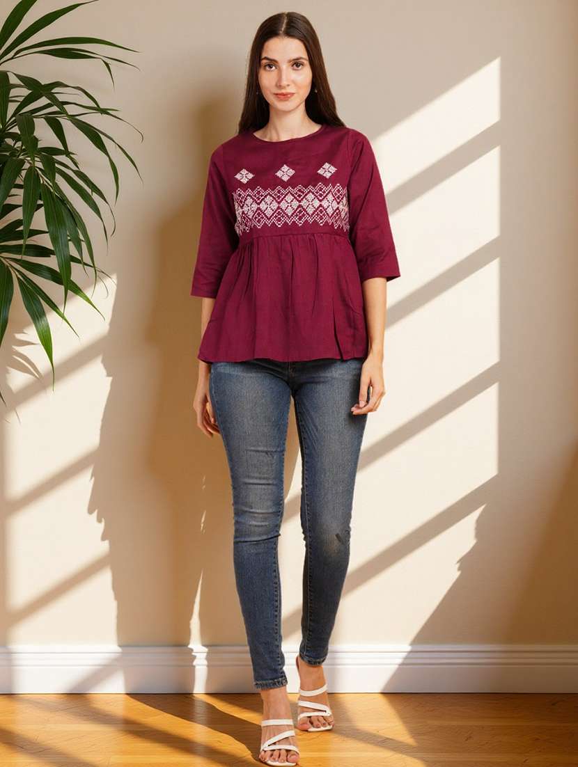 women solid with work three quarter sleeve flared ethnic top - 22182780 -  Standard Image - 5