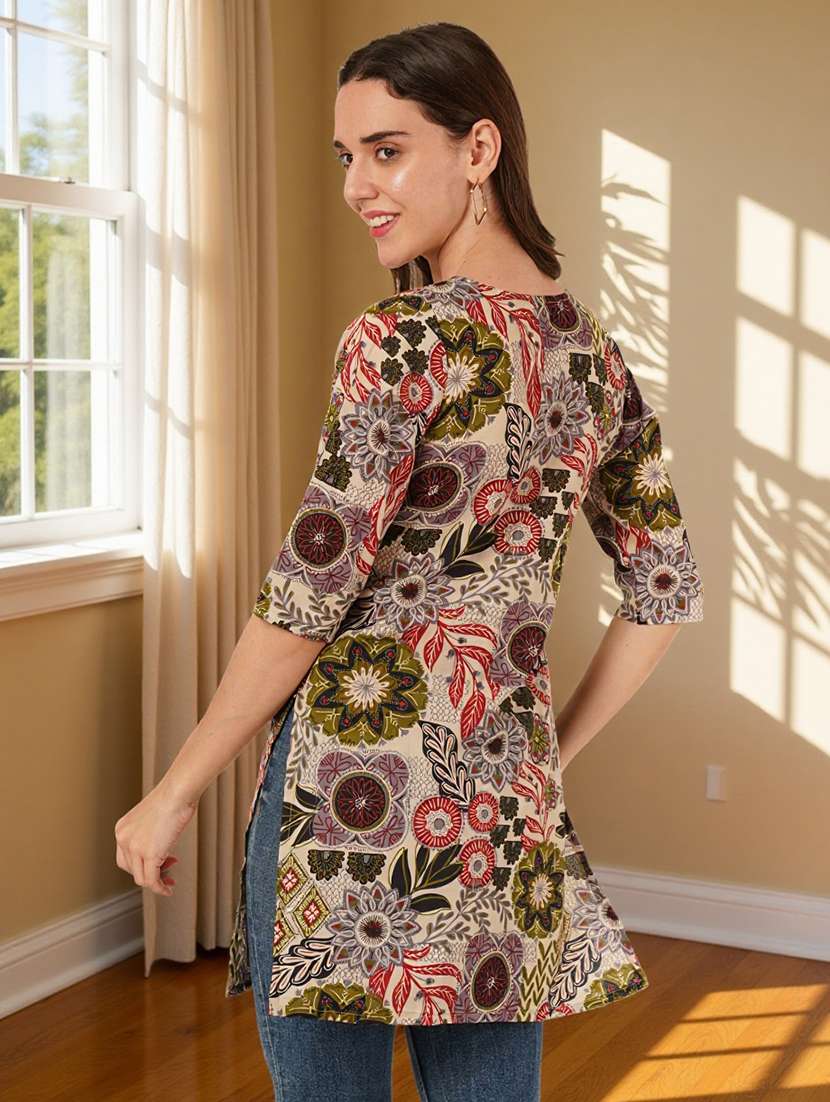 women printed three quarter sleeve straight kurti - 22182782 -  Standard Image - 3