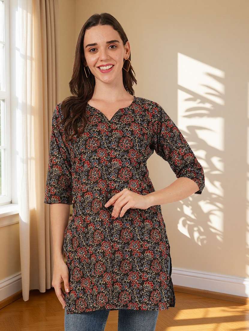 women floral printed three quarter sleeve straight kurti