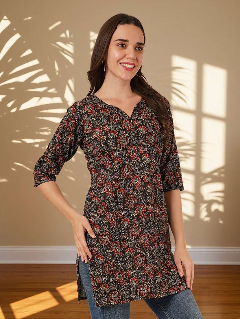 women floral printed three quarter sleeve straight kurti - 22182783 -  Standard Image - 3