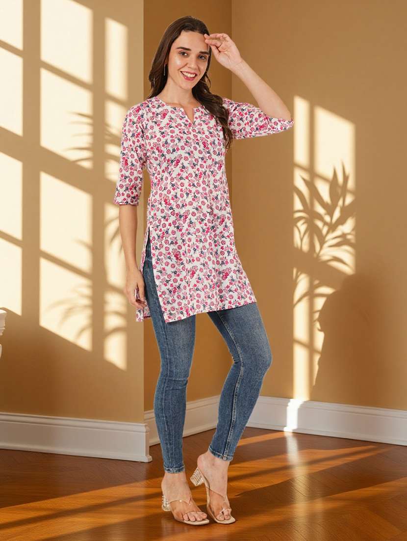 women floral printed three quarter sleeve straight kurti - 22182786 -  Standard Image - 5