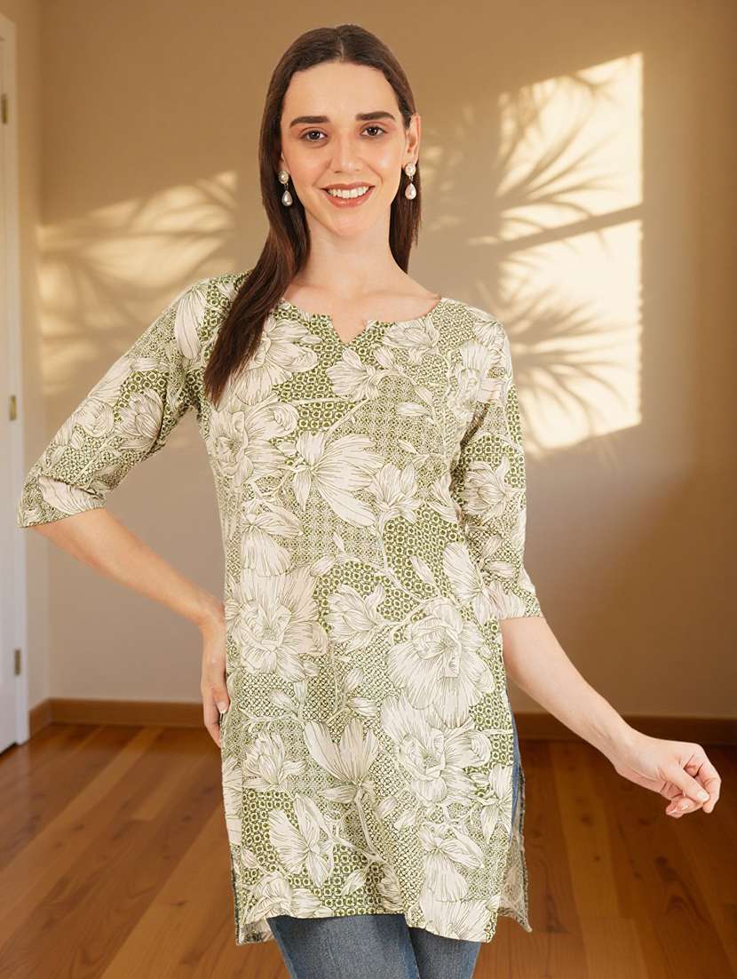 women floral printed three quarter sleeve straight kurti