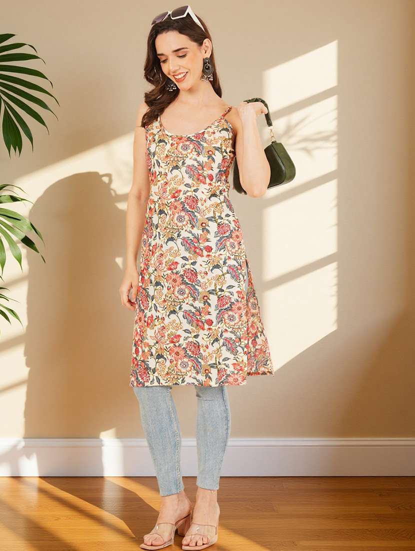 women floral printed shoulder strap straight kurta - 22182811 -  Standard Image - 3