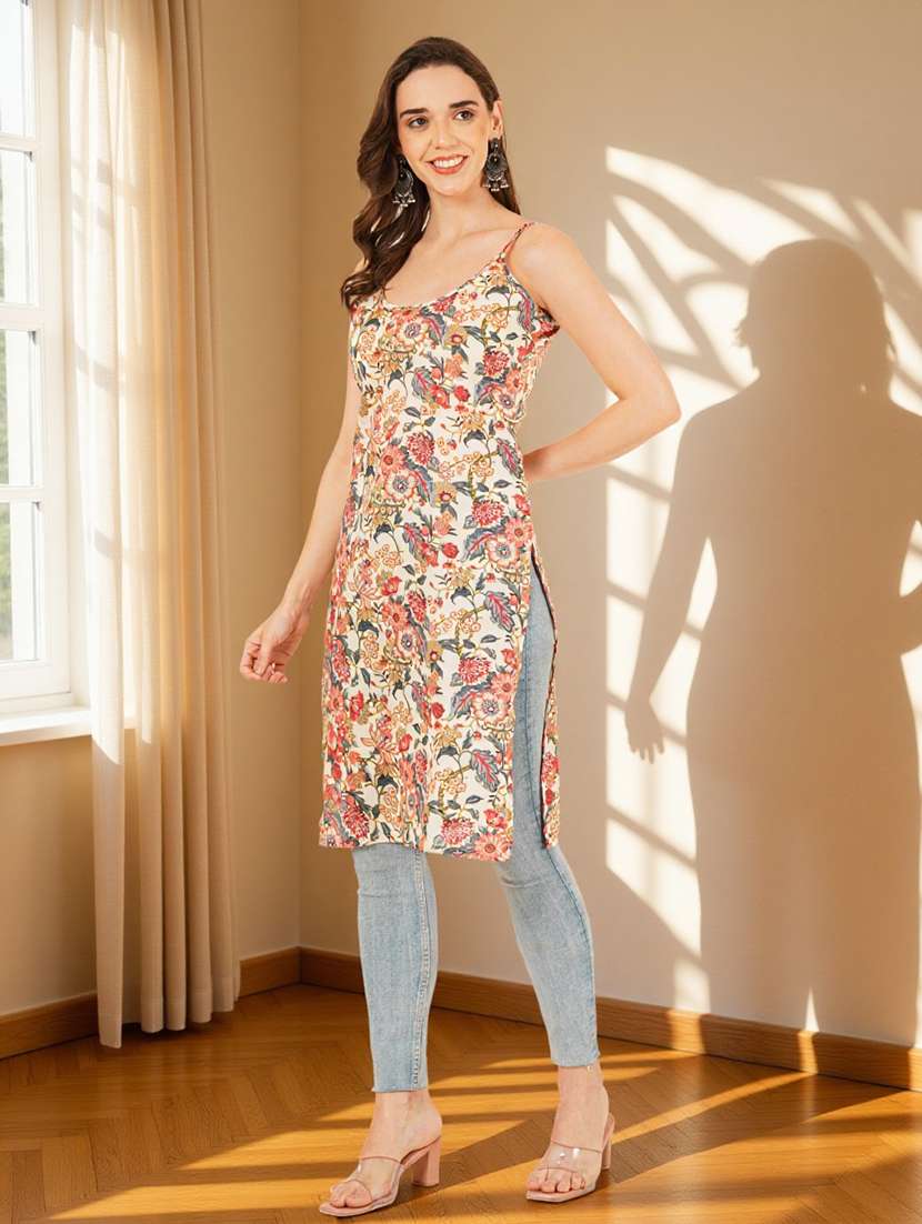 women floral printed shoulder strap straight kurta - 22182811 -  Standard Image - 5
