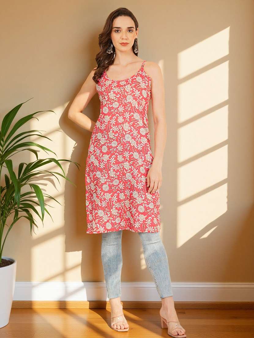 women floral printed shoulder strap straight kurta - 22182815 -  Standard Image - 5