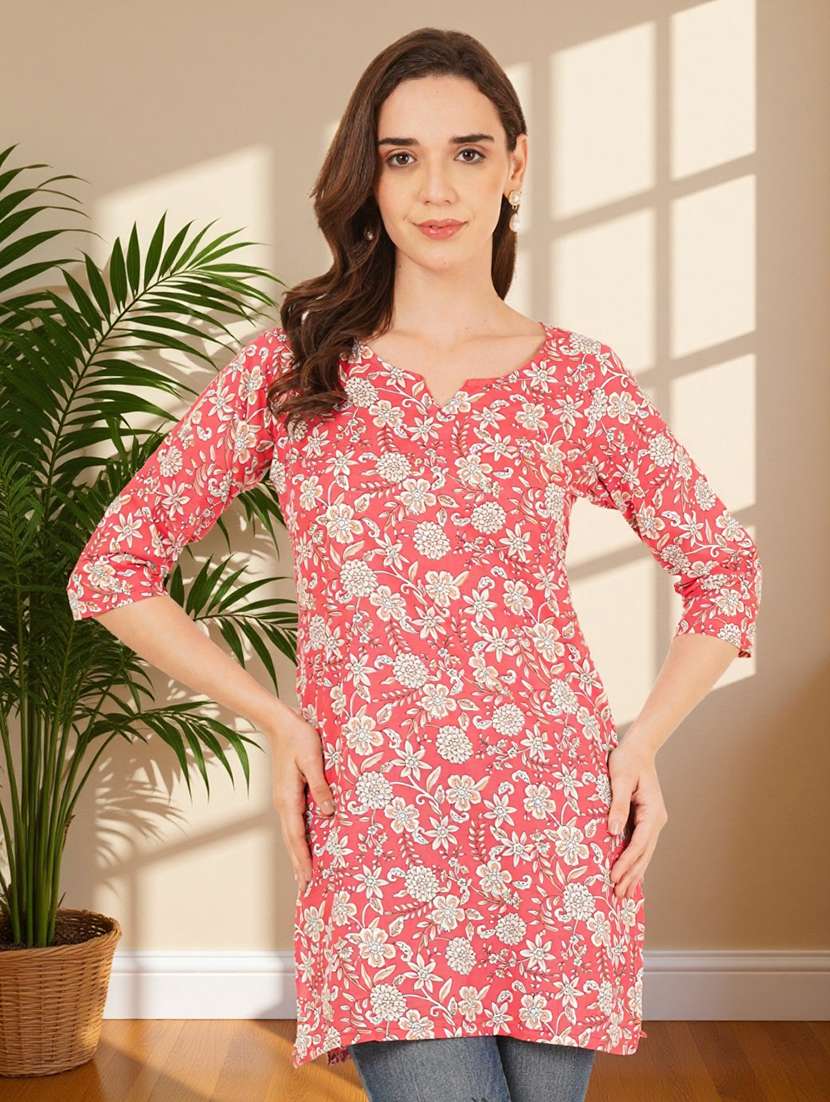 women floral printed three quarter sleeve straight kurti