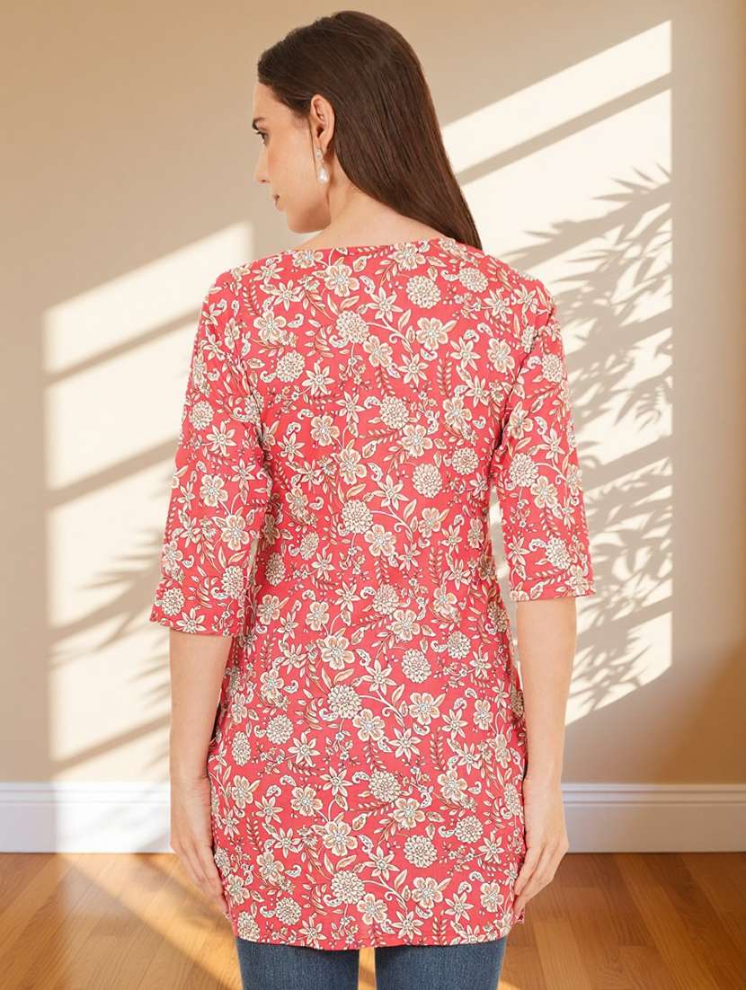 women floral printed three quarter sleeve straight kurti - 22182822 -  Standard Image - 3