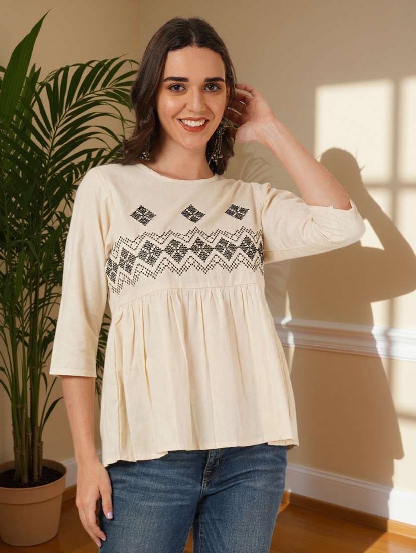 women embroidered three quarter sleeve flared top