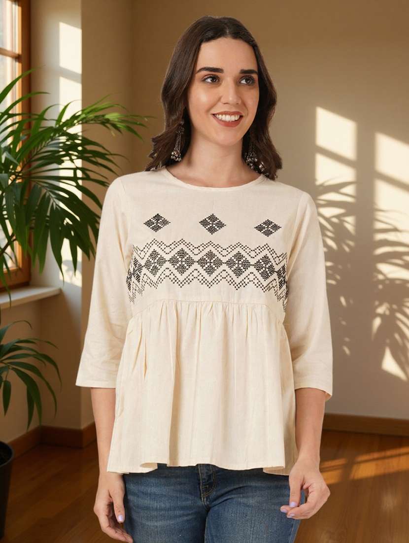 women embroidered three quarter sleeve flared top - 22182828 -  Standard Image - 3