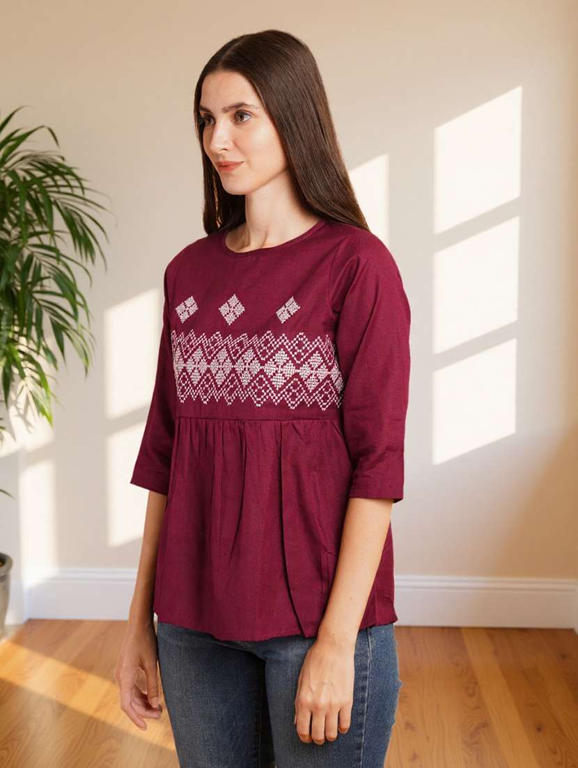 women embroidered three quarter sleeve flared top - 22182829 -  Standard Image - 3